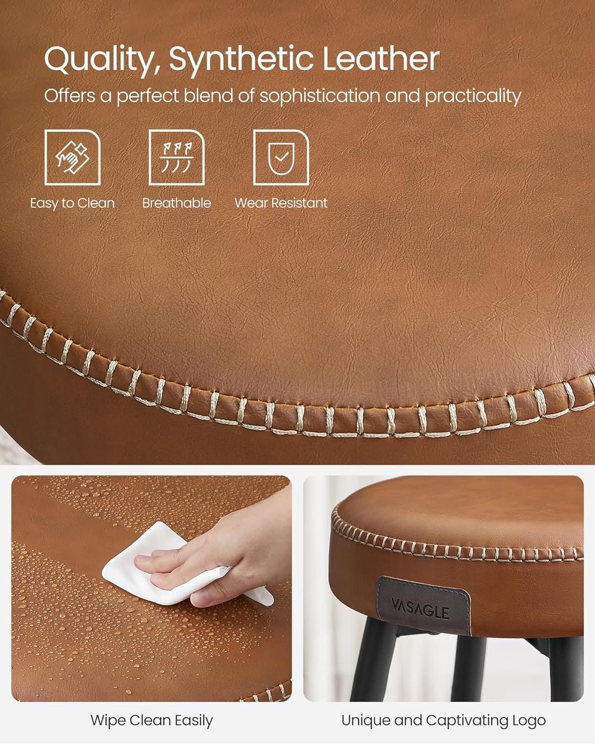 Vasagle Echo Collection ULBC090K01 Barstole, Sæt med 2, Kitchen Stools, Breakfast Stools, Stitched Faux Leather, 30 "High, For Home, Bar, Spisestue, Easy Assembly, Caramel Brown 5 Vasagle Echo Collection ULBC090K01 Barstole, Sæt med 2, Kitchen Stools, Breakfast Stools, Stitched Faux Leather, 30 "High, For Home, Bar, Spisestue, Easy Assembly, Caramel Brown - Billede 5