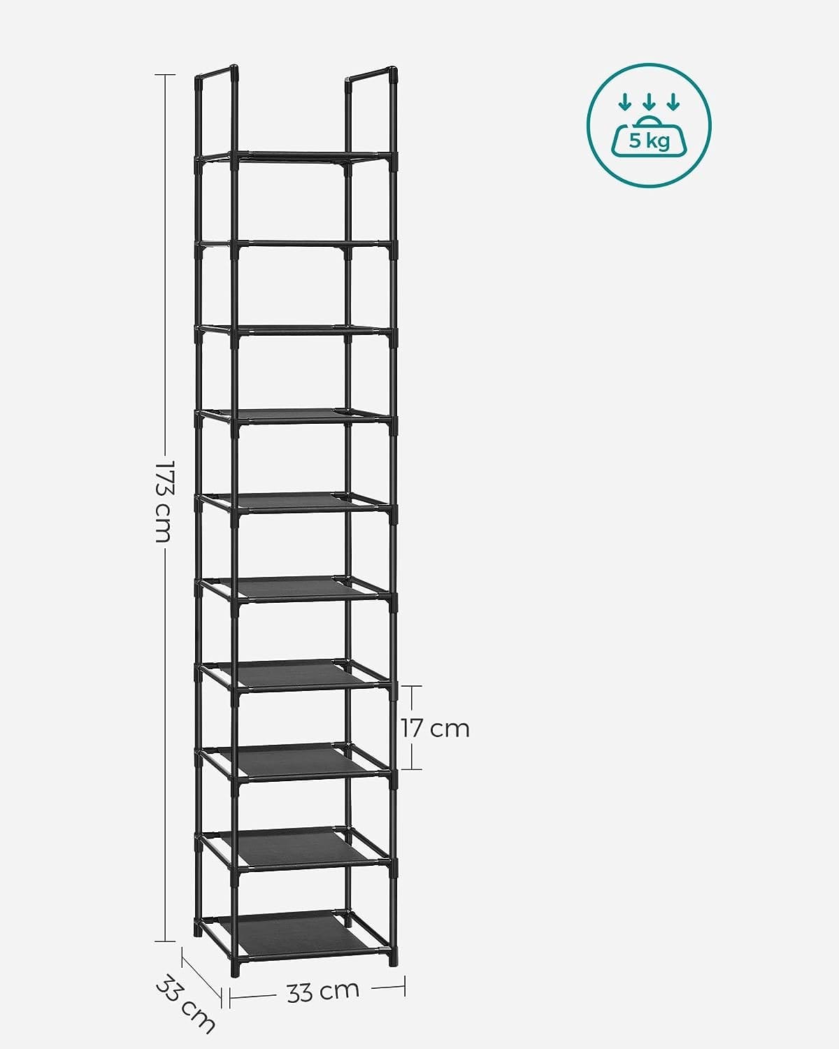 Songmics 10-lags skostativ, skostand, pladsbesparende skoopbevaring, 33 x 33 x 173 cm, metalramme, ikke-vævede stofhylder, til gangen, soveværelse, sort LSR110B02 5 Songmics 10-lags skostativ, skostand, pladsbesparende skoopbevaring, 33 x 33 x 173 cm, metalramme, ikke-vævede stofhylder, til gangen, soveværelse, sort LSR110B02 - Billede 5