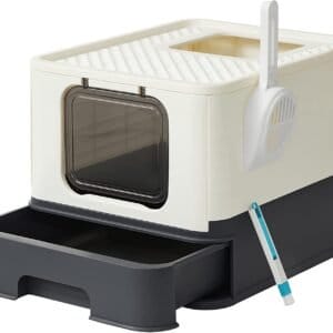 Feandrea lukket kuldkasse til katte, toilethus, aftagelig bakke, skovl, børste, til store katte, belastningskapacitet 15 kg, anti-mærke, anti-leakage, beige og sort PPT001W01