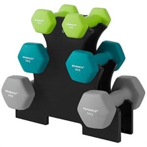 SONGMICS Hex-håndvægtesæt med stativ - 2 x 1 kg, 2 x 2 kg, 2 x 3 kg, lime, blågrøn og lysegrå