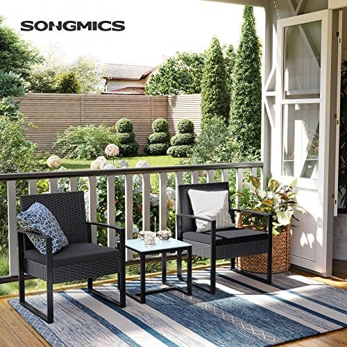 SONGMICS GGF010B05 Balcony Garden Furniture Set PE Polyrattan Lounge Set Table and 2 Chairs Patio Furniture Easy Assembly Outdoor for Patio Balcony Garden Black 2 SONGMICS GGF010B05 Balcony Garden Furniture Set PE Polyrattan Lounge Set Table and 2 Chairs Patio Furniture Easy Assembly Outdoor for Patio Balcony Garden Black - Billede 2