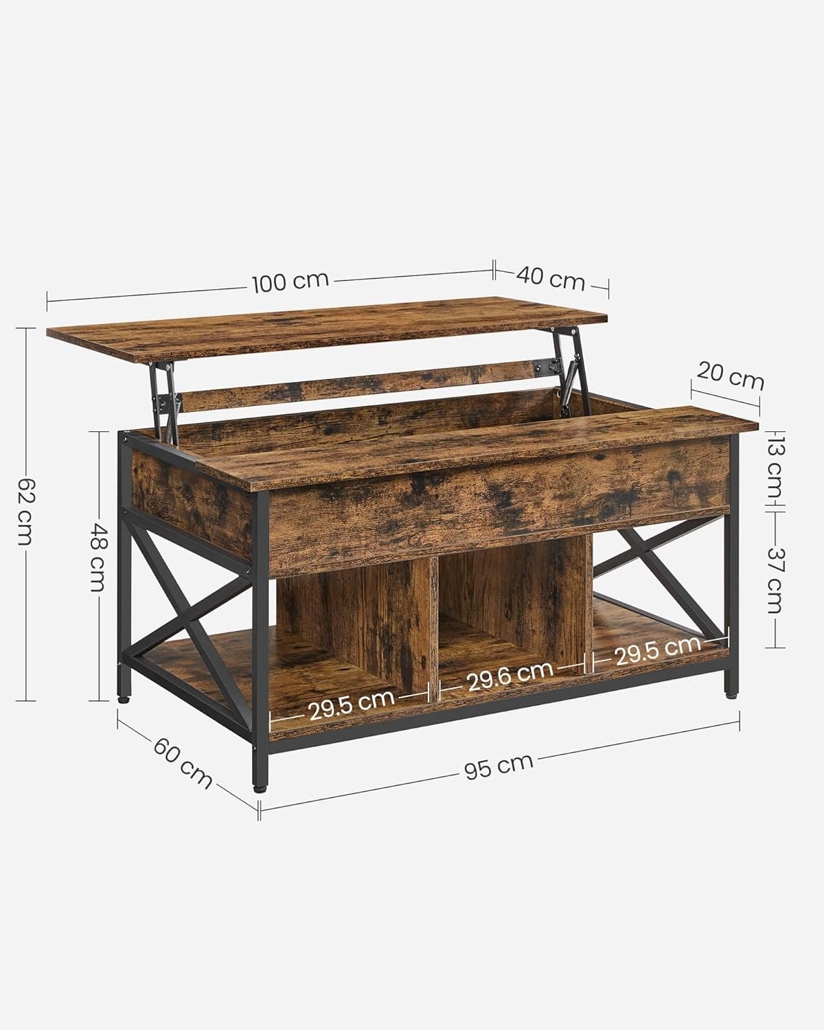 VASAGLE sofabord med opbevaring, X-formede stænger, 60 x 100 x (48-62) cm, brun og sort 3 VASAGLE sofabord med opbevaring, X-formede stænger, 60 x 100 x (48-62) cm, brun og sort - Billede 3