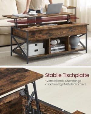 VASAGLE sofabord, højdejusterbart, stuebord, opbevaringsplads, vintage brun/sort - Image 5