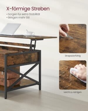 VASAGLE sofabord, højdejusterbart, stuebord, opbevaringsplads, vintage brun/sort - Image 6