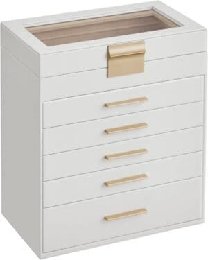 Smykkeskrin med Glaslåg, 6-lags Smykkeholder, 5 Skuffer, til Solbriller, Store Smykker, Smykkeopbevaring, Moderne Stil, Sky Hvid og Guld Farve
