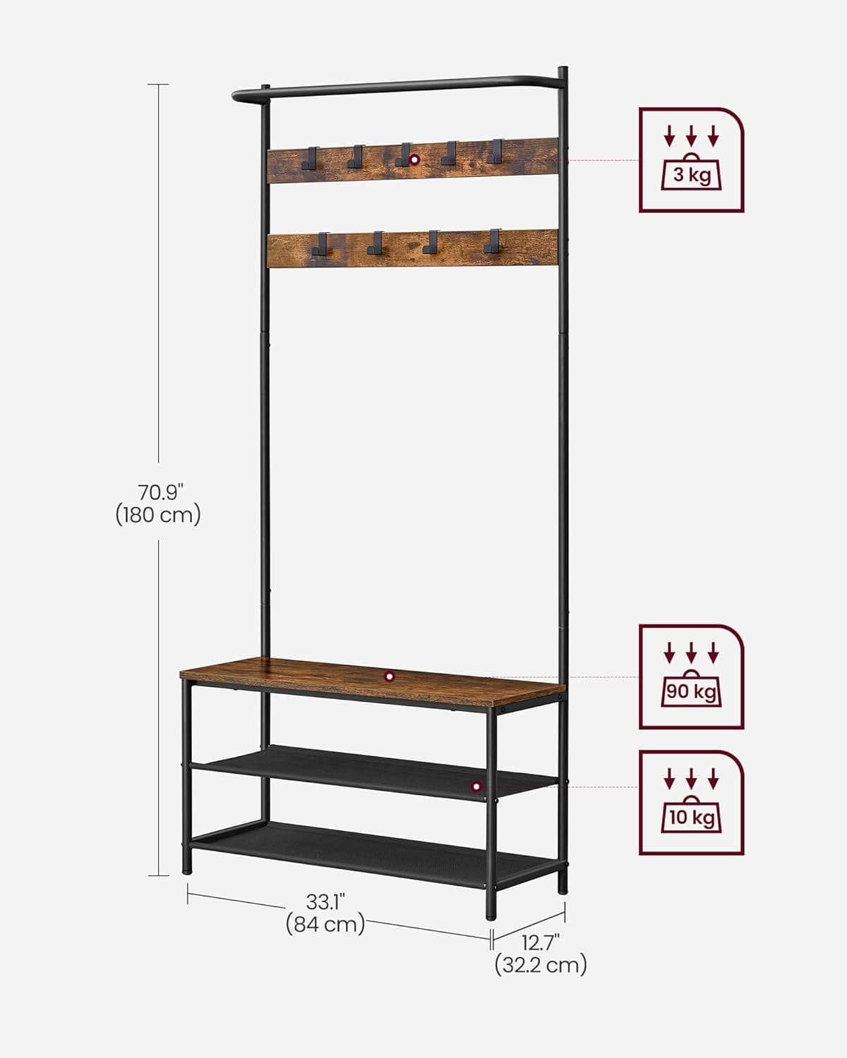 Tøjbøjle med skoopbevaring, halbøjle, tøjstativ med skobænk, 32,2 x 84 x 180 cm, brun og sort 6 Tøjbøjle med skoopbevaring, halbøjle, tøjstativ med skobænk, 32,2 x 84 x 180 cm, brun og sort - Billede 6