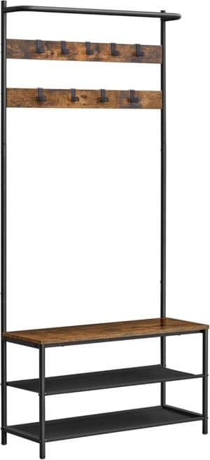 Knagerække med Skoopbevaring, Entre, Knageholder med Skobænk til Entre, 9 Bevægelige Kroge, Topstang, 32,2 X 84 X 180 Cm, Soveværelse, Industrielt, Rustik Brun og Sort