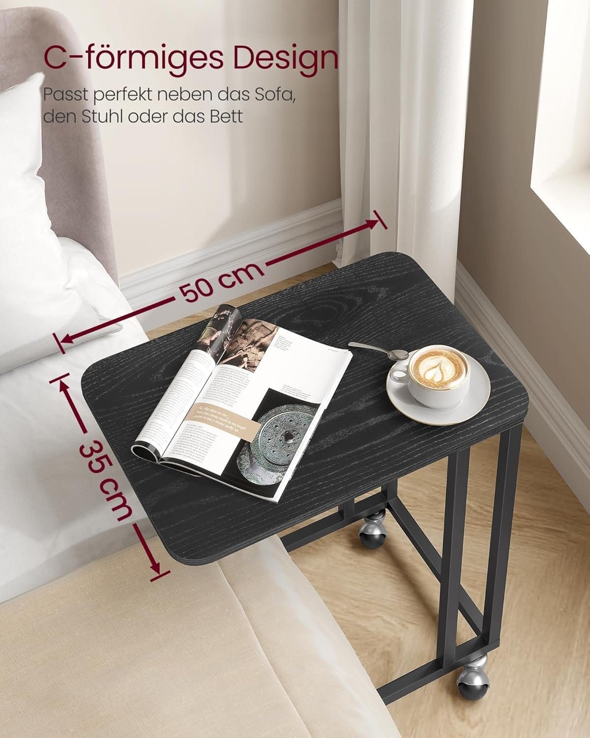 Sidebord, Sofabord med Hjul, C-form, 35 X 50 X 60 Cm, Moderne, Ibenholt Sort 2 Sidebord, Sofabord med Hjul, C-form, 35 X 50 X 60 Cm, Moderne, Ibenholt Sort - Billede 2
