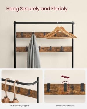 Knagerække med Skoopbevaring, Entre, Knageholder med Skobænk til Entre, 9 Bevægelige Kroge, Topstang, 32,2 X 84 X 180 Cm, Soveværelse, Industrielt, Rustik Brun og Sort - Image 5