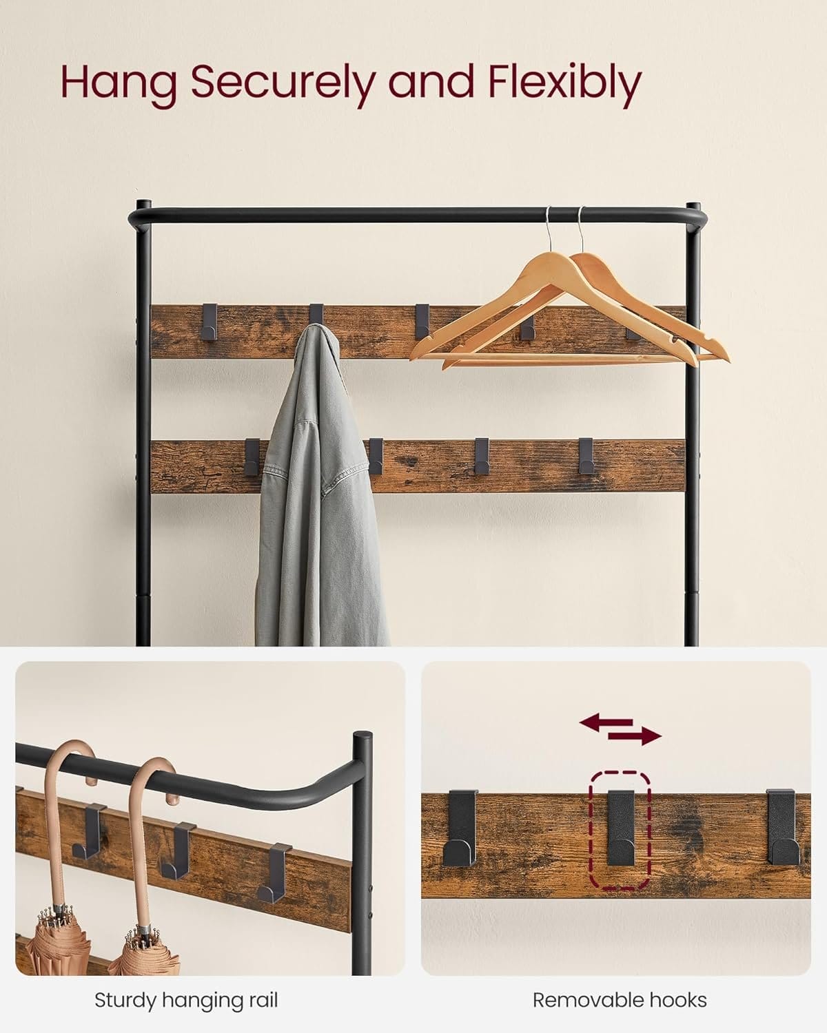 Tøjbøjle med skoopbevaring, halbøjle, tøjstativ med skobænk, 32,2 x 84 x 180 cm, brun og sort 5 Tøjbøjle med skoopbevaring, halbøjle, tøjstativ med skobænk, 32,2 x 84 x 180 cm, brun og sort - Billede 5