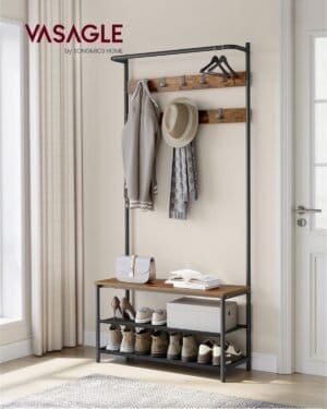 Knagerække med Skoopbevaring, Entre, Knageholder med Skobænk til Entre, 9 Bevægelige Kroge, Topstang, 32,2 X 84 X 180 Cm, Soveværelse, Industrielt, Rustik Brun og Sort - Image 2