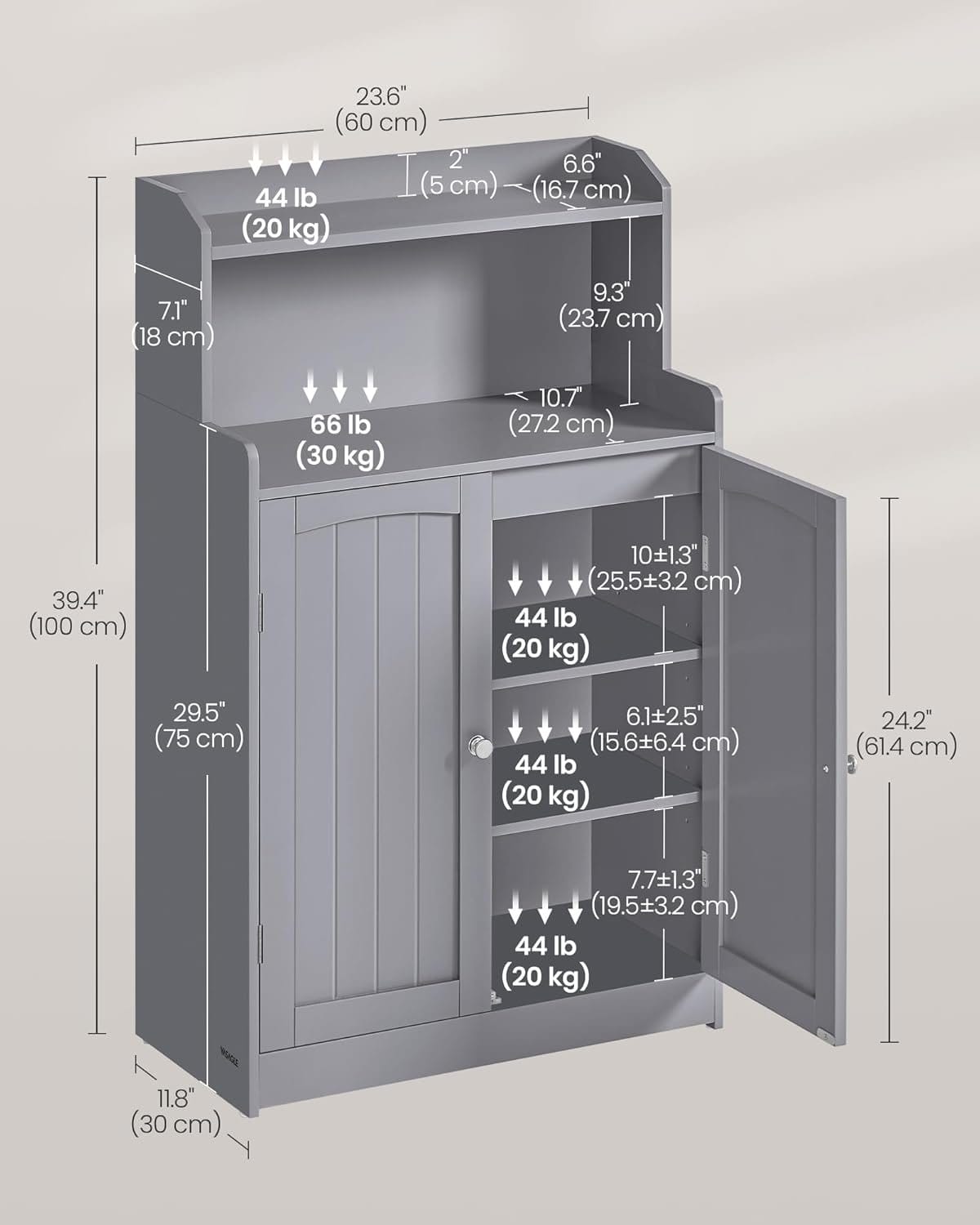Badeværelsesopbevaringsskab, Badeværelsesgulvskab med 2 Døre, 11,8 X 23,6 X 39,4 Tommer, Dove Grey 3 Badeværelsesopbevaringsskab, Badeværelsesgulvskab med 2 Døre, 11,8 X 23,6 X 39,4 Tommer, Dove Grey - Billede 3