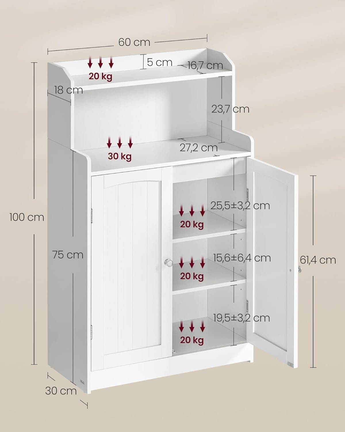 Badeværelsesskab, Badeværelsesmøbel med 2 Døre, 30 X 60 X 100 Cm, Skyhvid 3 Badeværelsesskab, Badeværelsesmøbel med 2 Døre, 30 X 60 X 100 Cm, Skyhvid - Billede 3