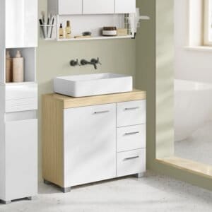 Bbk503k01 Vaskeskab med 3 Store Skuffer, Badeværelsesskab, 2 Rum Bag Døren, Badeværelsesskab med Fødder, 30 X 70 X 64 Cm, Sky Hvid/naturbeige - Image 2