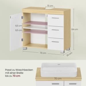 Bbk503k01 Vaskeskab med 3 Store Skuffer, Badeværelsesskab, 2 Rum Bag Døren, Badeværelsesskab med Fødder, 30 X 70 X 64 Cm, Sky Hvid/naturbeige - Image 5