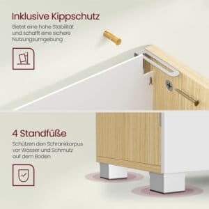 Bbk503k01 Vaskeskab med 3 Store Skuffer, Badeværelsesskab, 2 Rum Bag Døren, Badeværelsesskab med Fødder, 30 X 70 X 64 Cm, Sky Hvid/naturbeige - Image 7