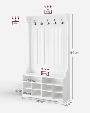Entreskab, Garderobe, Knagerække med Bænk, Skoopbevaring, med Kroge, Justerbar Hylde, Moderne, Hvid - Image 5