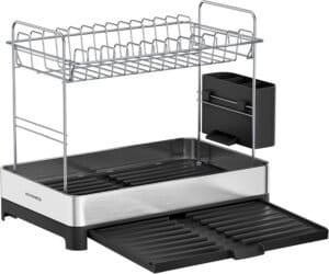 2-trins Opvaskestativ, Udvideligt Opvaskestativ, Køkkenopvaskestativ i Rustfrit Stål med Redskabsholder, Rustfri, til Tallerkener, Knive, Skeer, Gafler, Sølv og Sort