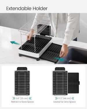 2-trins Opvaskestativ, Udvideligt Opvaskestativ, Køkkenopvaskestativ i Rustfrit Stål med Redskabsholder, Rustfri, til Tallerkener, Knive, Skeer, Gafler, Sølv og Sort - Image 5