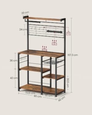 Køkkenhylde, stående hylde, bordplade, kokkenoer, køkkenrulleholder, 12 kroge, vintage brun/sort - Image 7