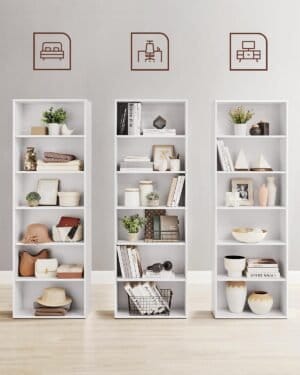 VASAGLE 6 Tier Bookcase Storage Shelf for Living Room Office Bedroom Study Scandinavian Style Scandinavian Style 24 x 60 x 178.5 cm White LBC169T14 - Image 5