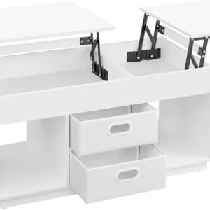 Sofabord, Lift-up Stuebord med 2 Skuffer og Skjulte Rum, Åbne Rum, til Stue, Hjemmekontor, Snehvid
