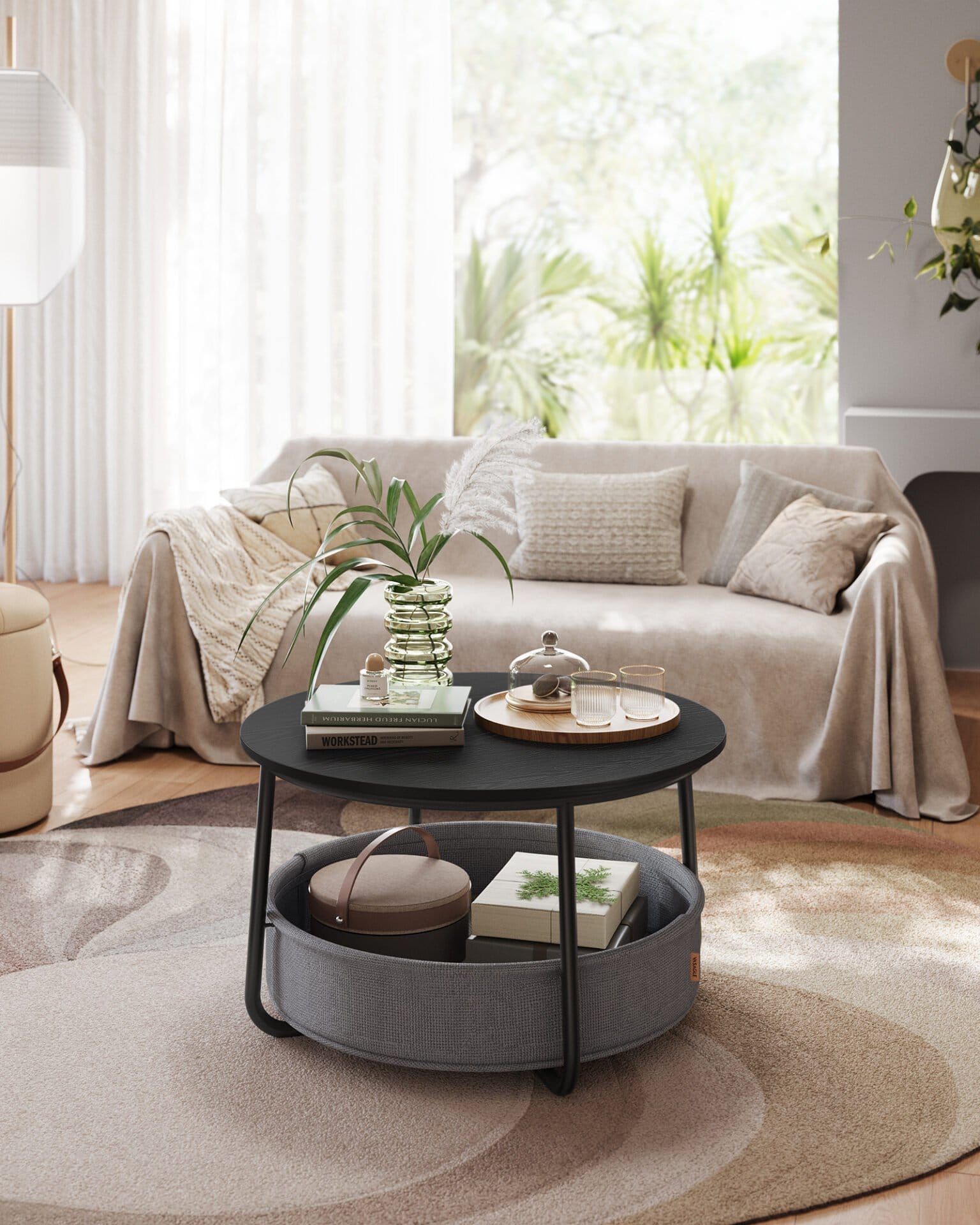 Sofabord med Opbevaring, Rundt Midterbord, Moderne Stil, Metalstel, Blæk Sort og Skifergrå 4 Sofabord med Opbevaring, Rundt Midterbord, Moderne Stil, Metalstel, Blæk Sort og Skifergrå - Billede 4