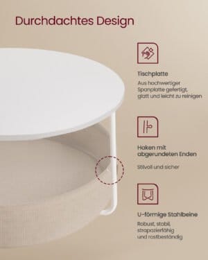 Sofabord med Opbevaring, Rundt Midterbord, Mathvid og Kamelbrun - Image 5