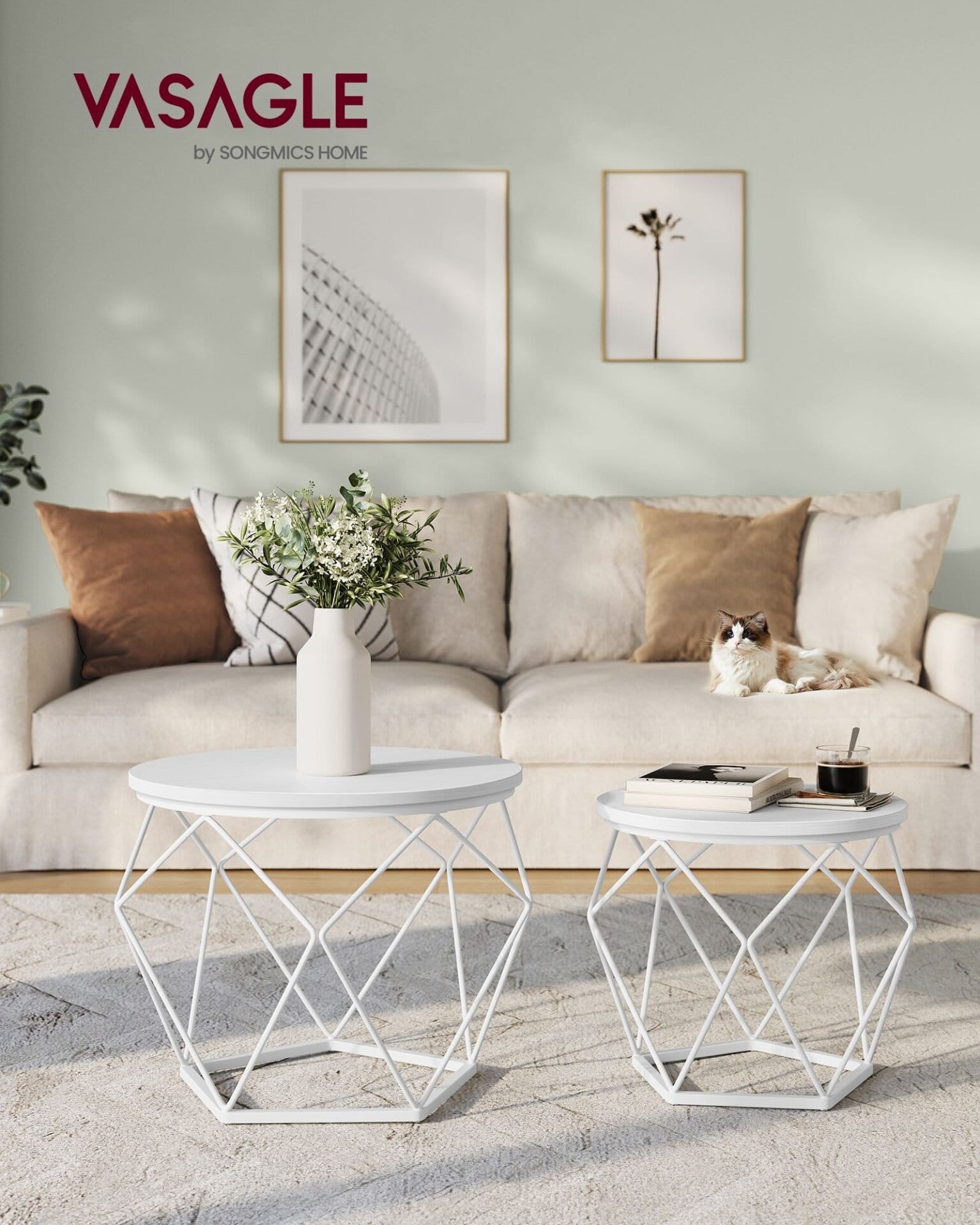 2 sideborde, sofabord i moderne stil, aftagelig bordplade, snehvide og skyhvide 2 2 sideborde, sofabord i moderne stil, aftagelig bordplade, snehvide og skyhvide - Billede 2