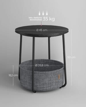 Lille Rundt Sidebord, Moderne Natbord med Stofkurv, Natbord til Stue, Soveværelse, Ibenholt Sort og Skifergrå - Image 4