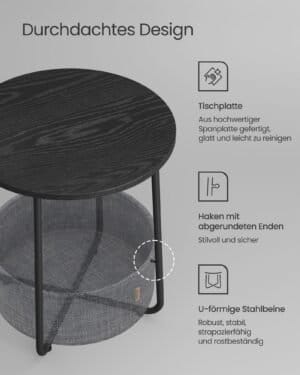 Lille Rundt Sidebord, Moderne Natbord med Stofkurv, Natbord til Stue, Soveværelse, Ibenholt Sort og Skifergrå - Image 5