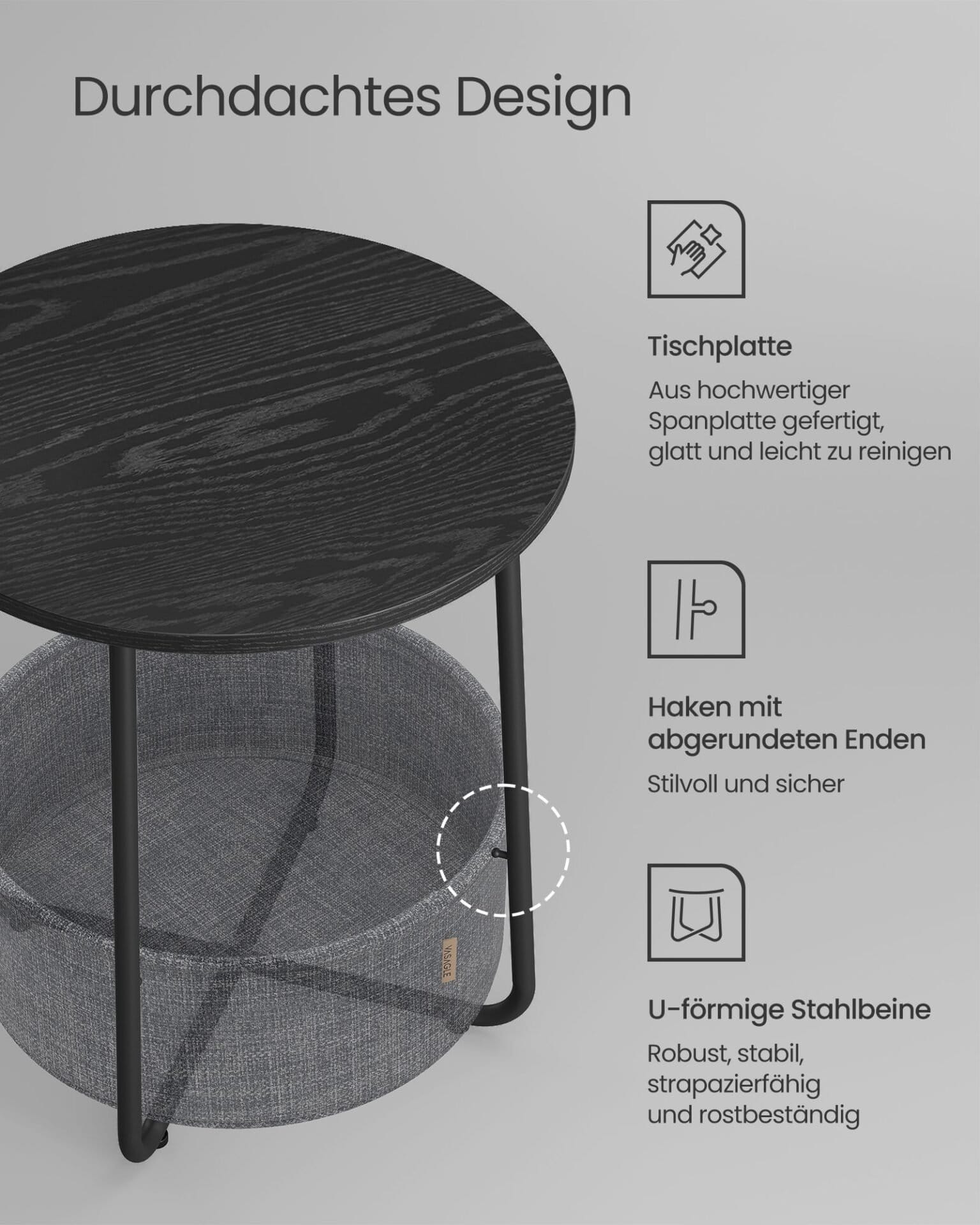 Lille Rundt Sidebord, Moderne Natbord med Stofkurv, Natbord til Stue, Soveværelse, Ibenholt Sort og Skifergrå 5 Lille Rundt Sidebord, Moderne Natbord med Stofkurv, Natbord til Stue, Soveværelse, Ibenholt Sort og Skifergrå - Billede 5