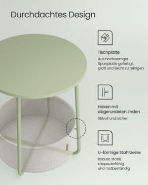 Natbord med stofkurv, sengebord til stue, Lagergrøn og Cremehvid - Image 5