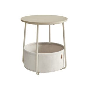 Rundt sidebord med ladestation og stofkurv, rummeligt, natbord, moderne stil, cremehvid