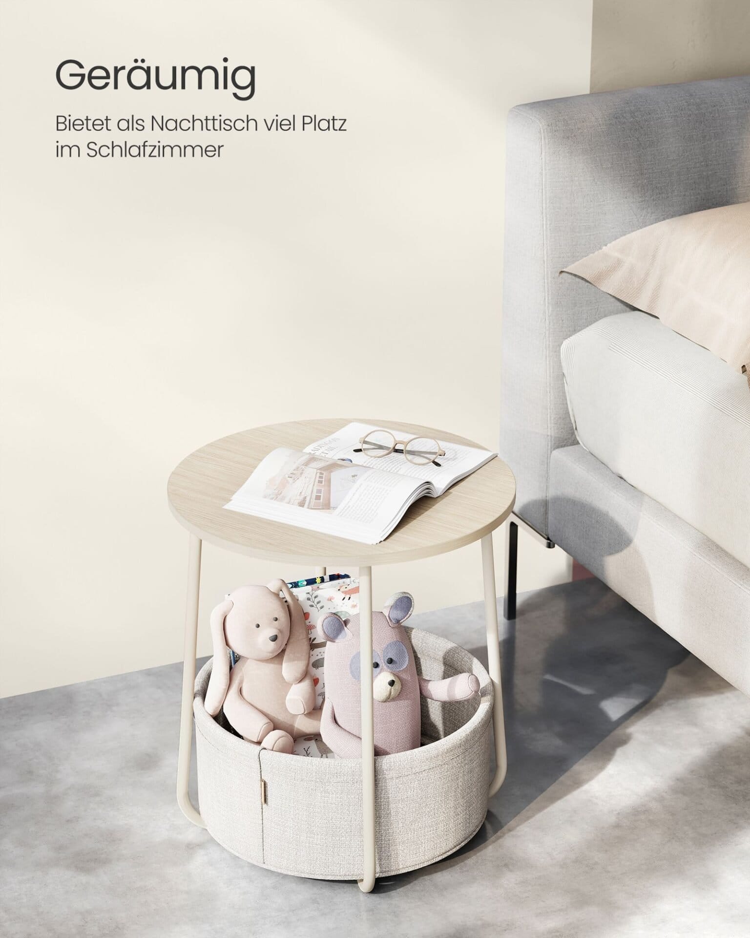 Rundt sidebord med ladestation og stofkurv, rummeligt, natbord, moderne stil, cremehvid 3 Rundt sidebord med ladestation og stofkurv, rummeligt, natbord, moderne stil, cremehvid - Billede 3