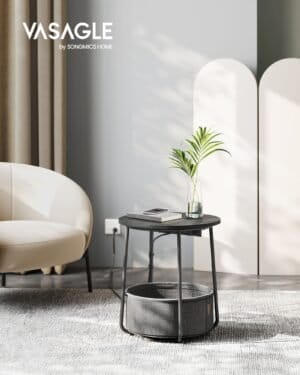 Rundt Sidebord med Ladestation, Sofabord, Usb-porte, Moderne Natbord, Ebony Black-slate Grey - Billede 2