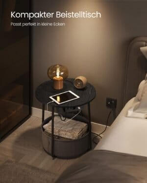 Rundt Sidebord med Ladestation, Sofabord, Usb-porte, Moderne Natbord, Ebony Black-slate Grey - Billede 3