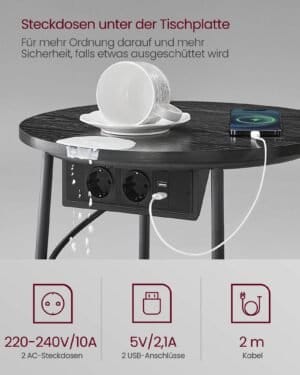 Rundt Sidebord med Ladestation, Sofabord, Usb-porte, Moderne Natbord, Ebony Black-slate Grey - Billede 4