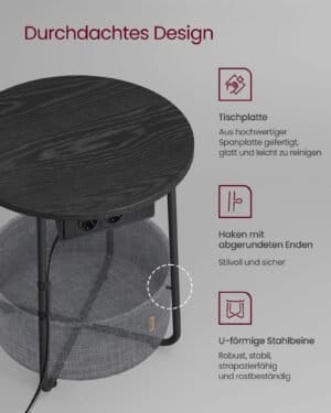 Rundt Sidebord med Ladestation, Sofabord, Usb-porte, Moderne Natbord, Ebony Black-slate Grey - Billede 6