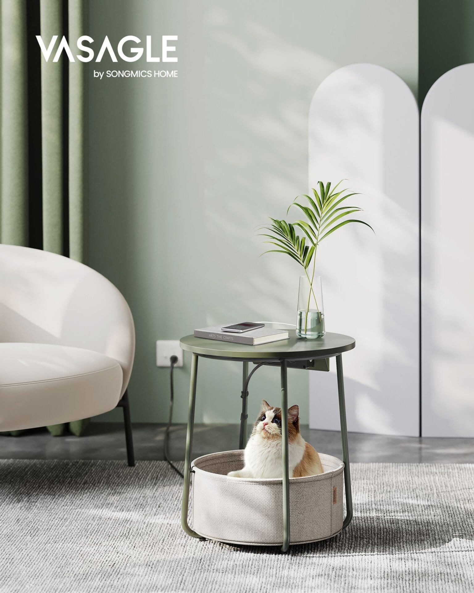 Rundt sidebord med ladestation, sofabord, USB-tilslutninger, natbord, Forest Green-Cream White 2 Rundt sidebord med ladestation, sofabord, USB-tilslutninger, natbord, Forest Green-Cream White - Billede 2