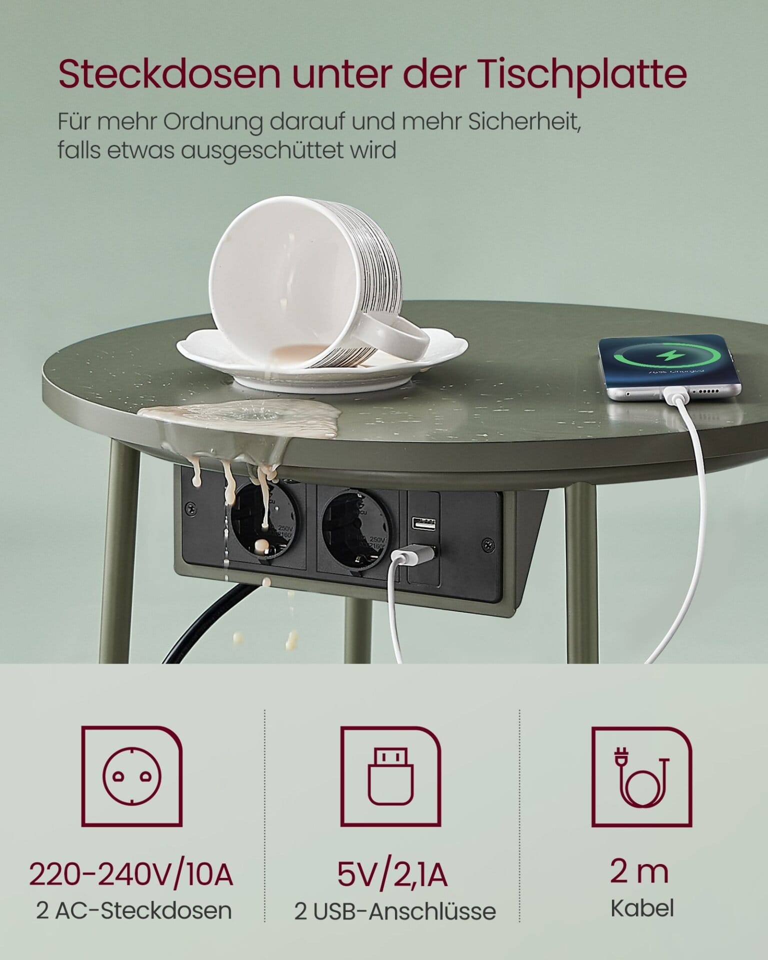 Rundt sidebord med ladestation, sofabord, USB-tilslutninger, natbord, Forest Green-Cream White 4 Rundt sidebord med ladestation, sofabord, USB-tilslutninger, natbord, Forest Green-Cream White - Billede 4