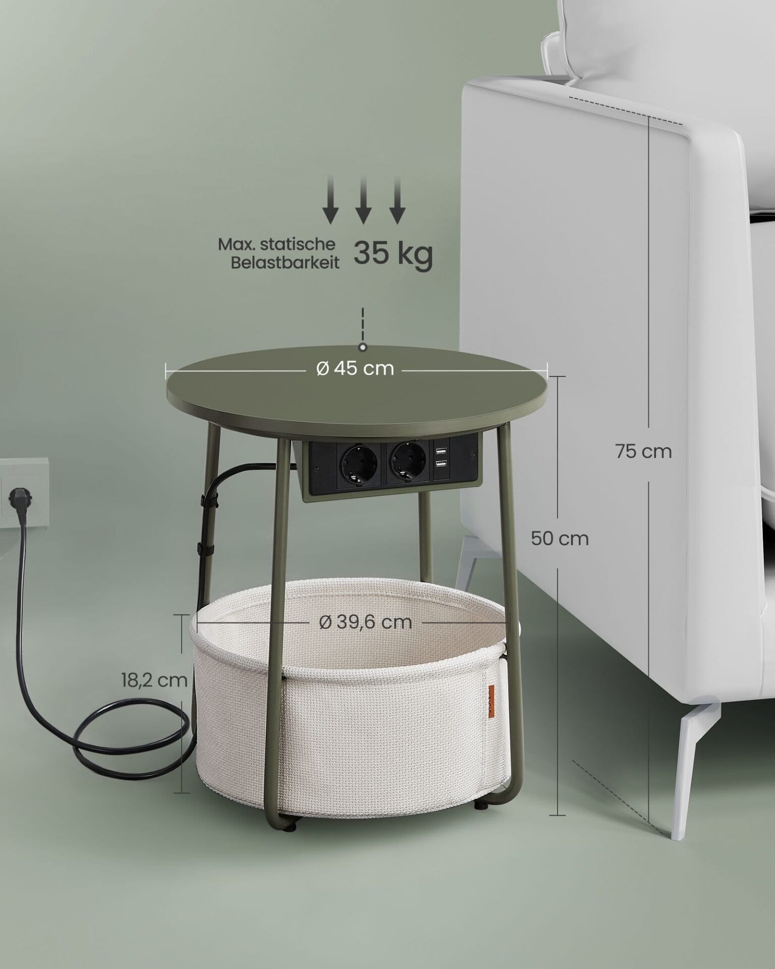 Rundt sidebord med ladestation, sofabord, USB-tilslutninger, natbord, Forest Green-Cream White 5 Rundt sidebord med ladestation, sofabord, USB-tilslutninger, natbord, Forest Green-Cream White - Billede 5