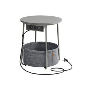 Rundt sidebord med ladestation og stofkurv, Rummeligt, Dove Grey og Slate Grey