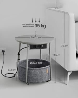 Rundt sidebord med ladestation og stofkurv, Rummeligt, Dove Grey og Slate Grey - Image 5