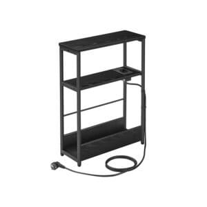 Sidebord med Strømskinne, Smalt 3-etagers Sidebord, Sidebord til Små Rum med Magasinstativ, til Stuen i Soveværelset, Ibenholt Sort og Blæk Sort Let335b02