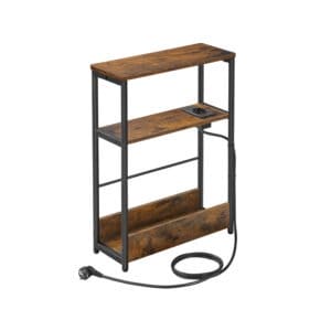 Slankt Sidebord med Strømskinne, 3 Etagers Natbord, Endebord, til Små Rum, Magasinstativ, Stue, Soveværelse, Kontor, Rustik Brun og Blæk Sort Let335k02