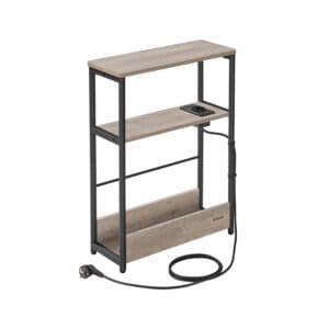Slankt Sidebord med Strømskinne, 3 Etagers Natbord, Sofaende, til Små Rum, Magasinholder, Stue, Soveværelse, Kontor, Lyng Greige og Blæk Sort Let335k05