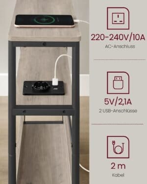 Slankt Sidebord med Strømskinne, 3 Etagers Natbord, Sofaende, til Små Rum, Magasinholder, Stue, Soveværelse, Kontor, Lyng Greige og Blæk Sort Let335k05 - Image 4