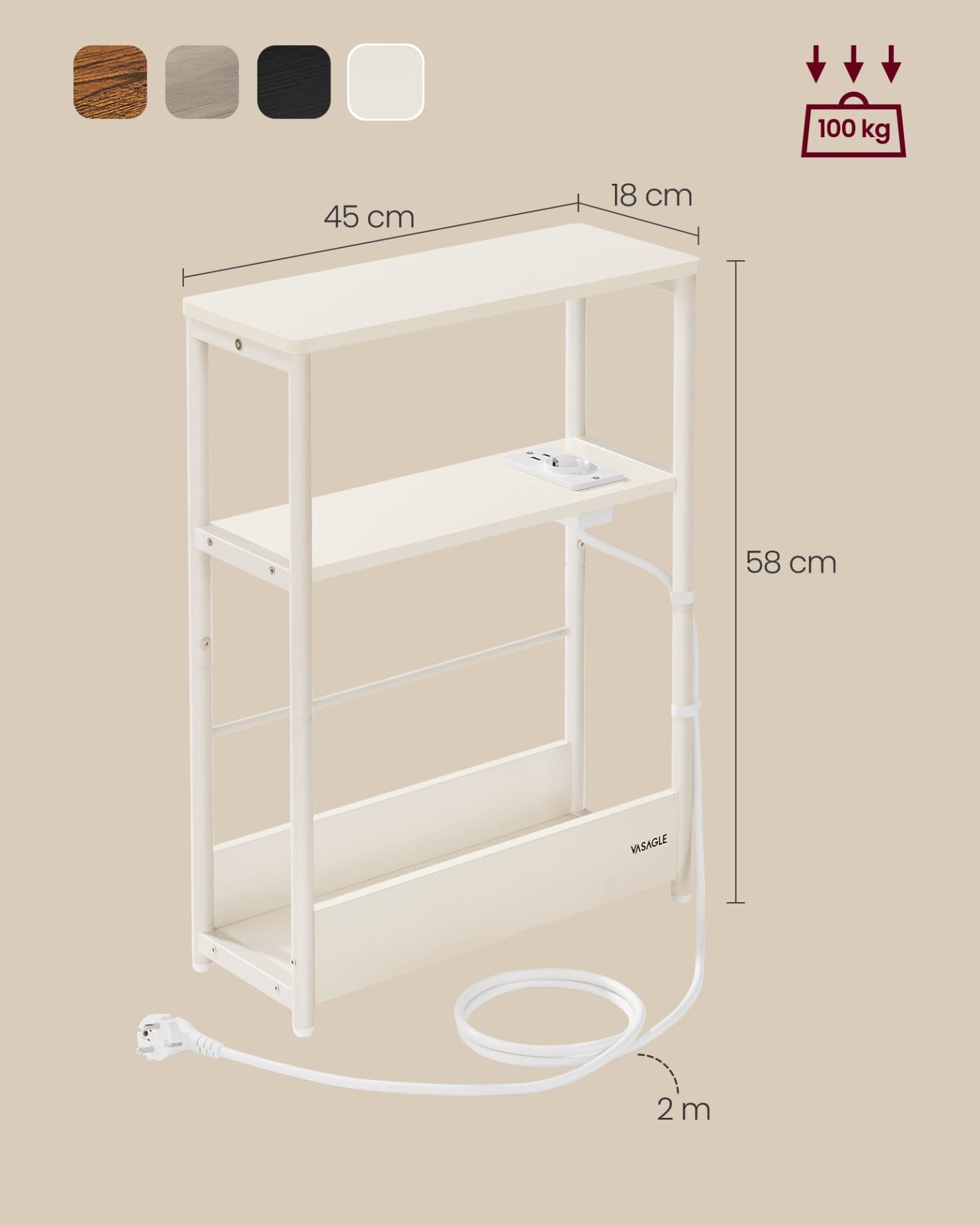 Sidebord med strømskinne, smalt 3-lags, cremehvid 6 Sidebord med strømskinne, smalt 3-lags, cremehvid - Billede 6