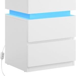 Sengebord, med Justerbar Flerfarvet Led-strimmel, 3 Skuffer, Sidebord i Moderne Stil, 35 X 40 X 55 Cm, Hvid Let630t10